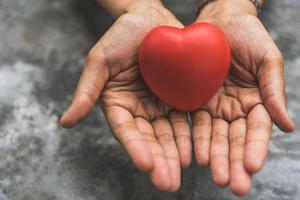 gros plan des mains féminines donnant un cœur rouge en tant que donneur de cœur photo