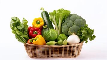 une blanc panier plein des légumes dans blanc Contexte photo