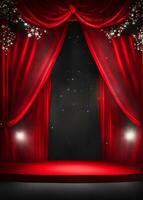 rouge et noir rideaux et une étape dans le foncé avec projecteurs, pétillant et pétillant étoiles photo