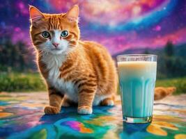 mignonne chat et une verre de Lait avec magnifique Contexte ai génératif. photo