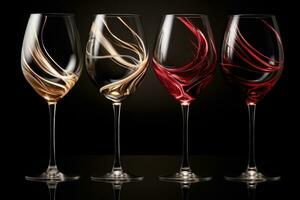 liquide mouvements capturé dans basculant du vin des lunettes dépeint dans une palette de Bourgogne rouge Champagne or et cristal clair photo