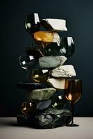 vide du vin des lunettes empilés dans abstrait sculptures capturé dans une palette de terreux marron forêt vert et brumeux gris photo