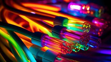 ai généré. coloré fibre optique câbles. futuriste néon lumière. photo