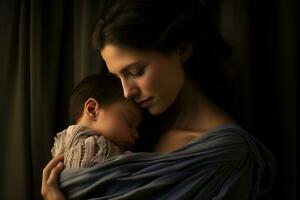nouveau-nés et Parents dans intime des moments Souligné dans doux réconfortant teintes photo