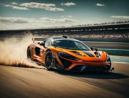 Capturer le la vitesse et précision de une McLaren course voiture trancher par le piste de course photo