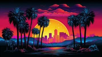 carte postale de Californie, paumes et bâtiments à le coucher du soleil. néon style photo