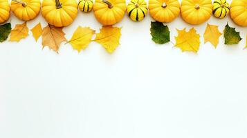 automnal frontière de rayé citrouilles et érable feuilles sur une blanc Contexte ai génératif photo