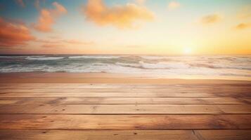 en bois table Plate-forme voir, mer plage océan vagues, des nuages et Soleil Contexte ai génératif photo