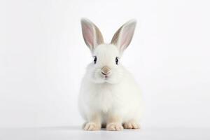 blanc lapin séance sur blanc Contexte. génératif ai. photo