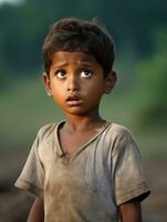 Jeune enfant avec Indien Caractéristiques qui apparaît à être sous le choc ai génératif photo