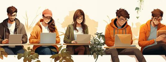 bannière de groupe cinq Jeune gens dans décontractée vêtements séance à le table et travail sur ordinateurs portables. dessin animé vecteur illustration. photo