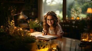 portrait de une Jeune fille avec frisé cheveux et lunettes séance à une table et en train de lire une livre. photo