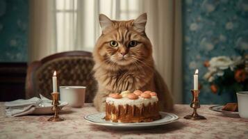 une chat est séance à une table avec une gâteau et bougies ai généré. photo