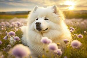 samoyède chien mensonge sur été champ à le coucher du soleil. magnifique blanc chien en marchant dans campagne. ai génératif illustration. photo