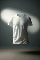 T-shirt maquette. blanc Masculin Vide T-shirt lévite sur minimaliste Contexte. ai génératif illustration. photo