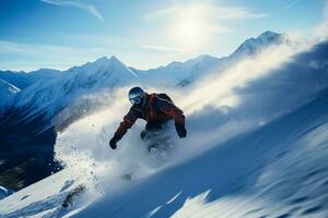 snowboarder plonge vers le bas glacial pistes dans intacte Montagne région sauvage aventure photo