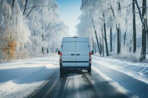 neige chargé route traînant derrière le van Contexte avec vide espace pour texte photo