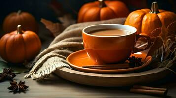 citrouille pimenter tasse de thé Stock photo, confortable l'heure du thé l'automne boire, génératif ai photo