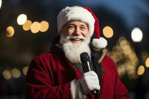 une image de Père Noël claus apparence pendant le nationale Noël arbre éclairage à le blanc maison photo