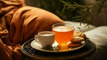 citrouille pimenter tasse de thé Stock photo, confortable l'heure du thé l'automne boire, génératif ai photo