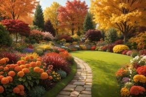 une magnifique jardin avec coloré fleurs et des arbres ai génératif photo