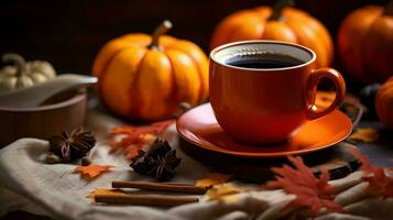 citrouille pimenter tasse de thé Stock photo, confortable l'heure du thé l'automne boire, génératif ai photo