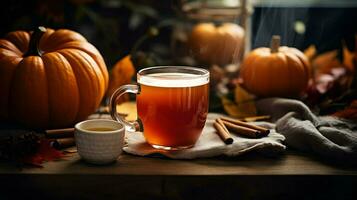 citrouille pimenter tasse de thé Stock photo, confortable l'heure du thé l'automne boire, génératif ai photo