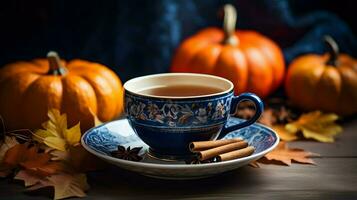 citrouille pimenter tasse de thé Stock photo, confortable l'heure du thé l'automne boire, génératif ai photo