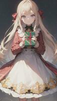 mignonne anime fille en portant présent cadeau pour de fête moment Noël temps photo