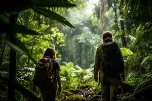 éco touristes explorant une luxuriant forêt tropicale Contexte avec vide espace pour texte photo