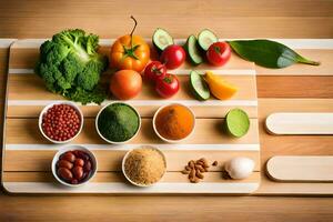 une Coupe planche avec divers des légumes et des fruits. généré par ai photo