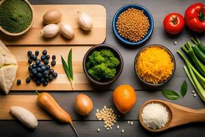 divers les types de des légumes et des fruits sur une tableau. généré par ai photo