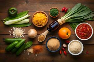 divers Ingrédients comprenant riz, légumes, et épices. généré par ai photo