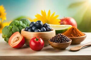 divers des fruits et des légumes sont dans boules sur une tableau. généré par ai photo