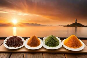 épices dans boules sur en bois table avec le coucher du soleil dans Contexte. généré par ai photo