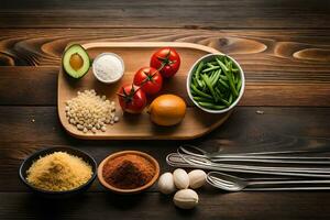 Ingrédients pour une en bonne santé repas sur une en bois tableau. généré par ai photo