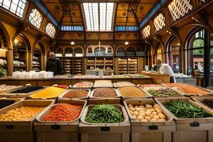 une grand marché avec beaucoup de des légumes et des fruits. généré par ai photo