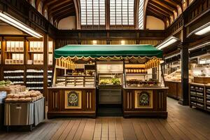 une boulangerie avec une vert store et en bois étages. généré par ai photo