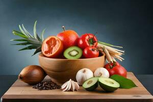 une bol de des fruits et des légumes sur une en bois Coupe planche. généré par ai photo