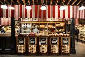 une boulangerie avec une rouge et blanc rayé store. généré par ai photo