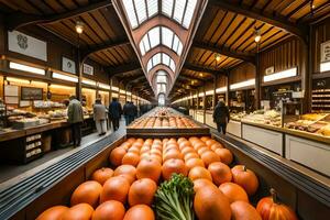 une grand marché avec beaucoup de citrouilles et des légumes. généré par ai photo