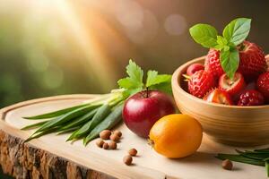 Frais des fruits et des légumes dans une en bois bol. généré par ai photo