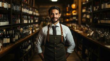 portrait de une Jeune Masculin sommelier permanent dans une du vin cave. photo