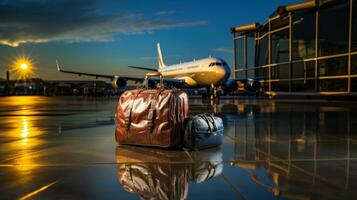 bagage et avion dans le aéroport à le coucher du soleil. Voyage concept. photo