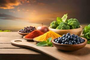 divers des fruits et des légumes sur en bois table avec le coucher du soleil Contexte. généré par ai photo