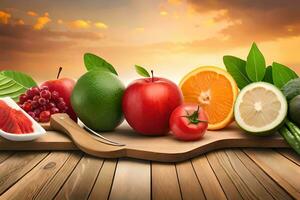 Frais des fruits et des légumes sur une en bois Coupe planche. généré par ai photo