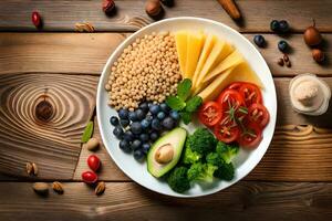 une assiette de nourriture avec légumes, des noisettes et fromage. généré par ai photo