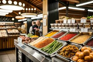 une épicerie boutique avec beaucoup différent les types de aliments. généré par ai photo