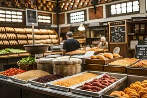 une boulangerie avec beaucoup de pain et autre aliments. généré par ai photo