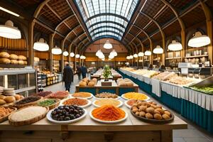 une grand marché avec beaucoup de nourriture sur afficher. généré par ai photo